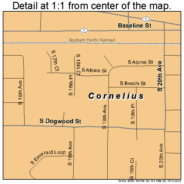 Cornelius, Oregon road map detail