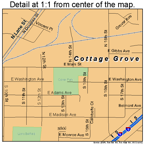 Cottage Grove, Oregon road map detail