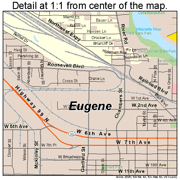Eugene, Oregon road map detail