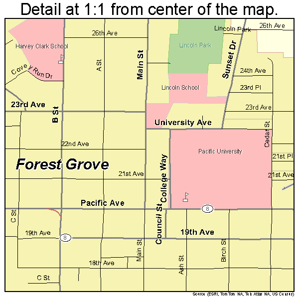 Forest Grove, Oregon road map detail