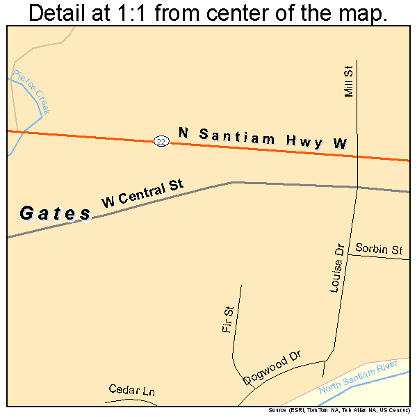 Gates, Oregon road map detail