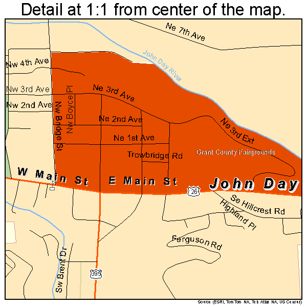 John Day, Oregon road map detail