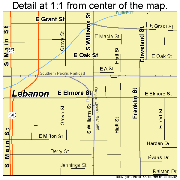 Lebanon, Oregon road map detail