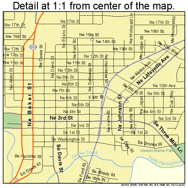 McMinnville, Oregon road map detail