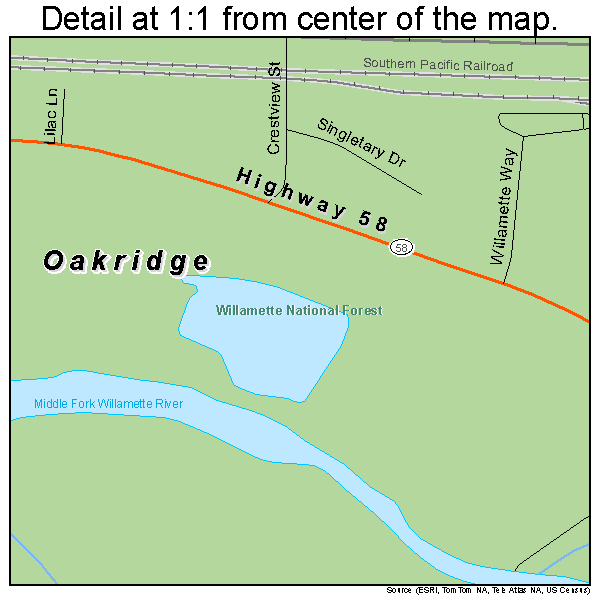Oakridge, Oregon road map detail