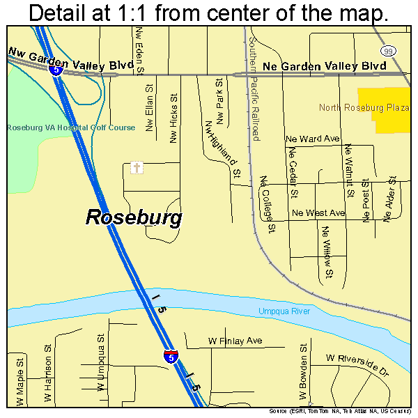 Roseburg, Oregon road map detail