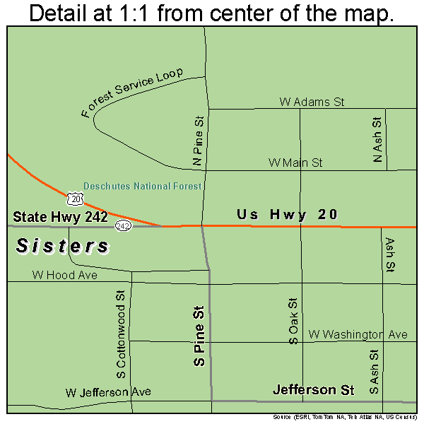 Sisters, Oregon road map detail