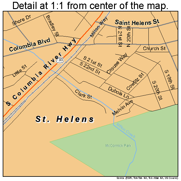 St. Helens, Oregon road map detail