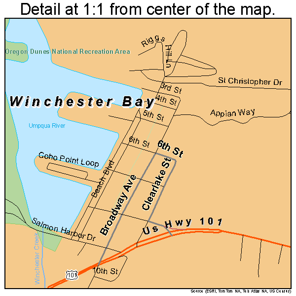 Winchester Bay, Oregon road map detail