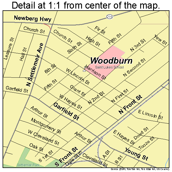 Woodburn, Oregon road map detail