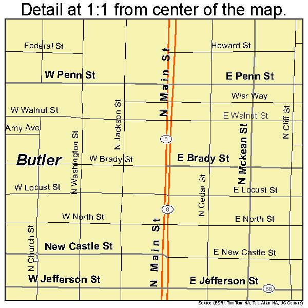 Butler, Pennsylvania road map detail