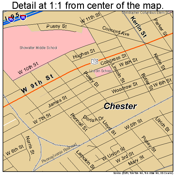 Chester, Pennsylvania road map detail