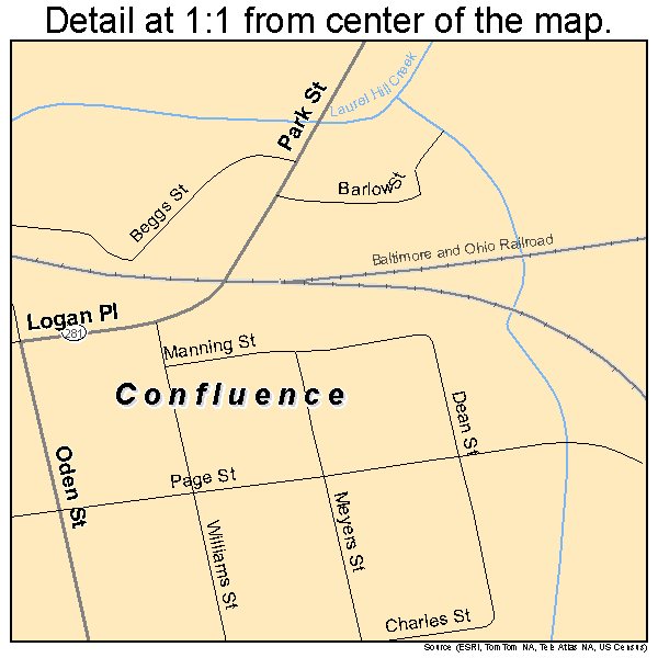 Confluence, Pennsylvania road map detail