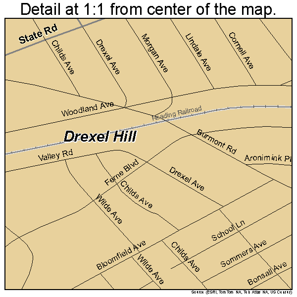 Drexel Hill, Pennsylvania road map detail