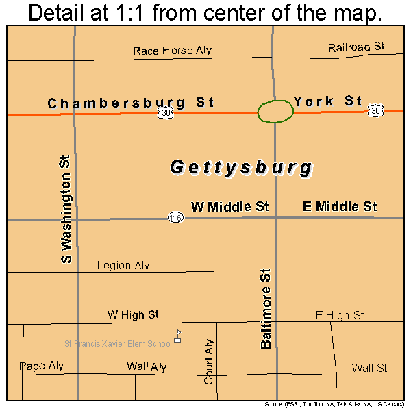 Gettysburg, Pennsylvania road map detail