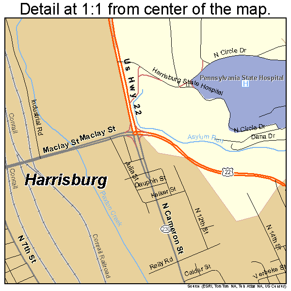 Harrisburg, Pennsylvania road map detail