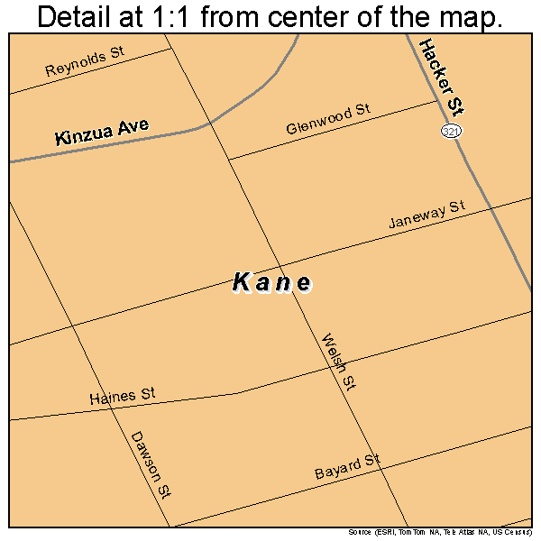 Kane, Pennsylvania road map detail