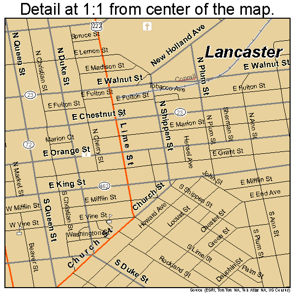 Lancaster, Pennsylvania road map detail