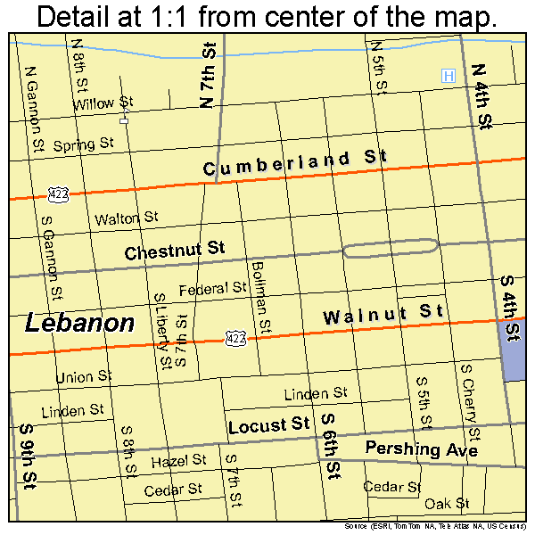 Lebanon, Pennsylvania road map detail
