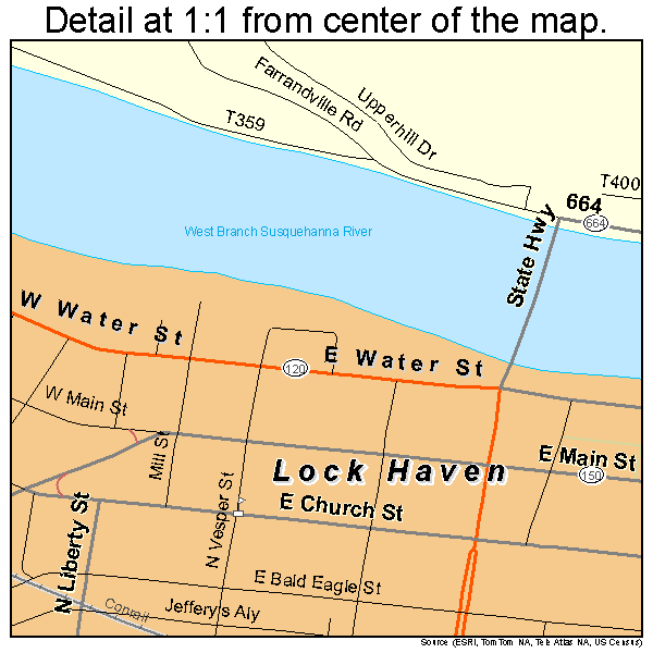 Lock Haven, Pennsylvania road map detail