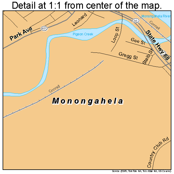 Monongahela, Pennsylvania road map detail