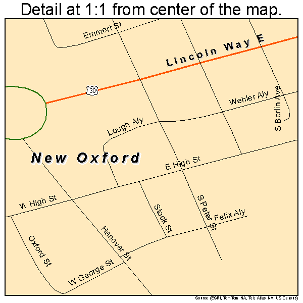 New Oxford, Pennsylvania road map detail