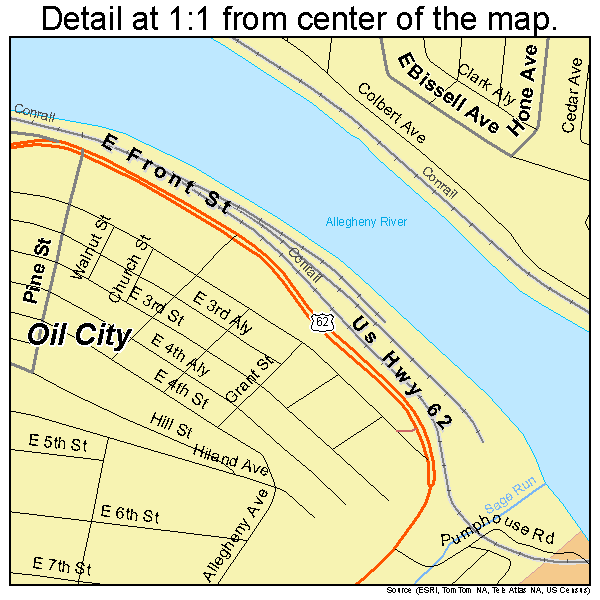 Oil City, Pennsylvania road map detail