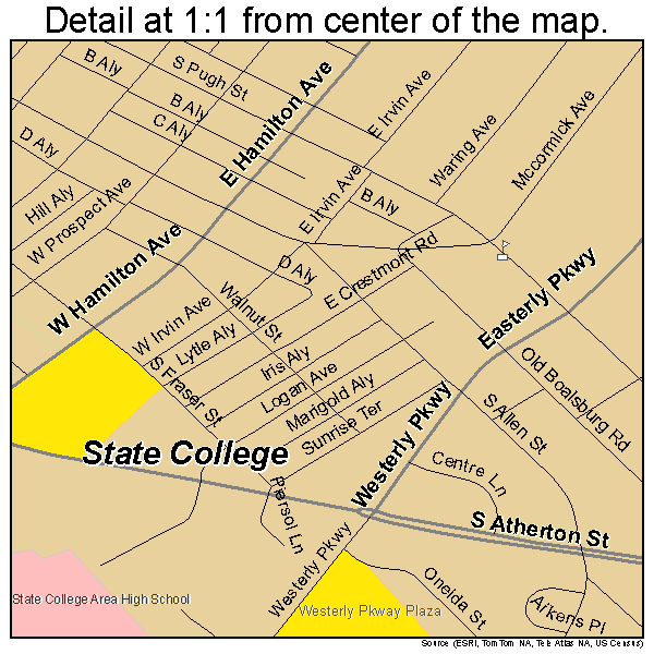 State College, Pennsylvania road map detail
