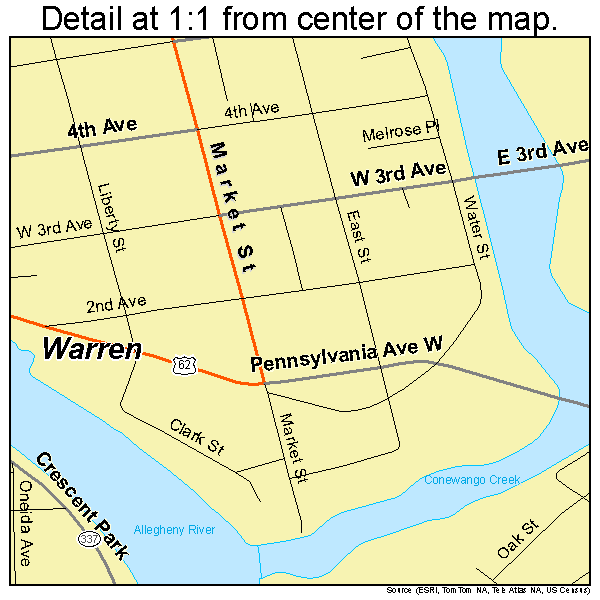 Warren, Pennsylvania road map detail