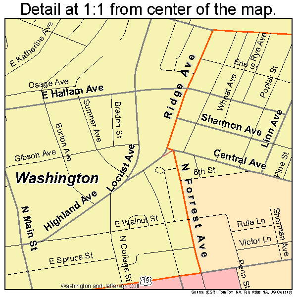 Washington, Pennsylvania road map detail