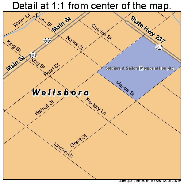 Wellsboro, Pennsylvania road map detail