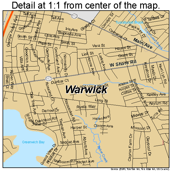 Warwick, Rhode Island road map detail