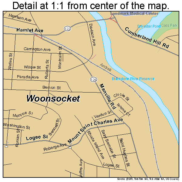 Woonsocket, Rhode Island road map detail