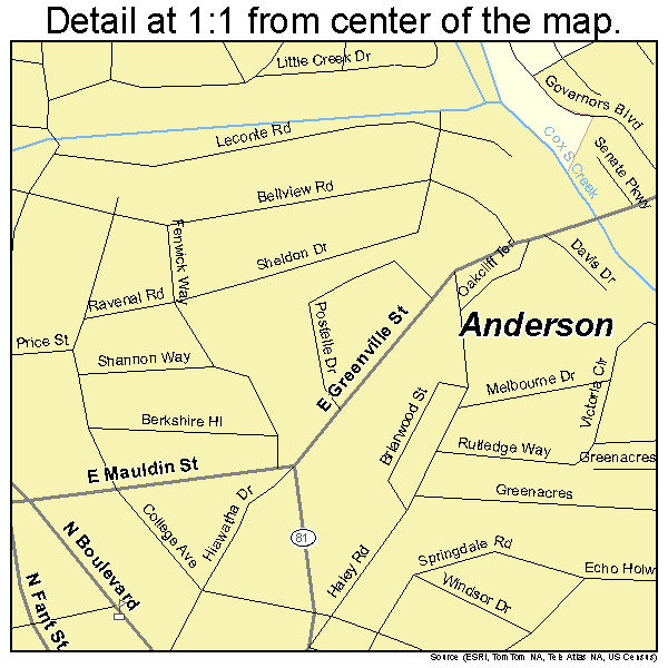 Anderson, South Carolina road map detail