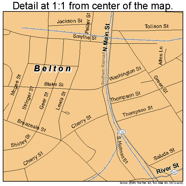 Belton, South Carolina road map detail
