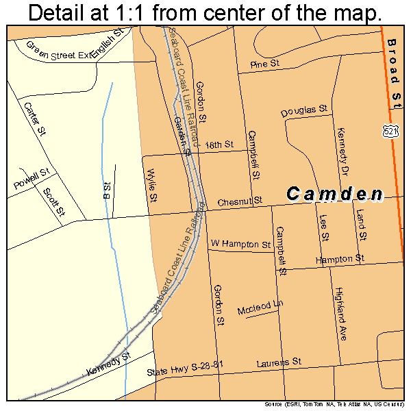 Camden, South Carolina road map detail