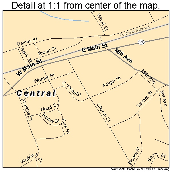 Central, South Carolina road map detail