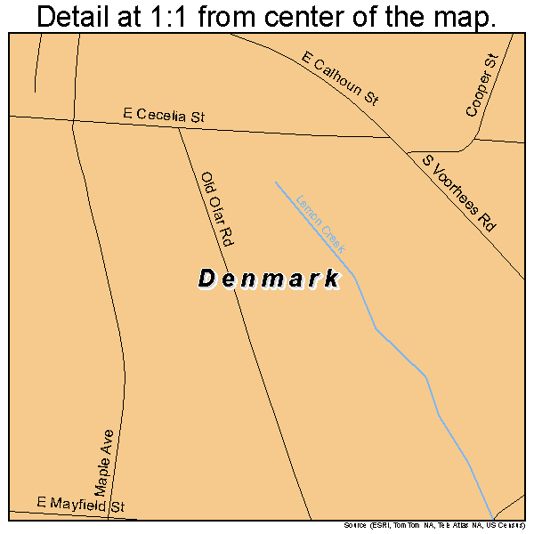 Denmark, South Carolina road map detail