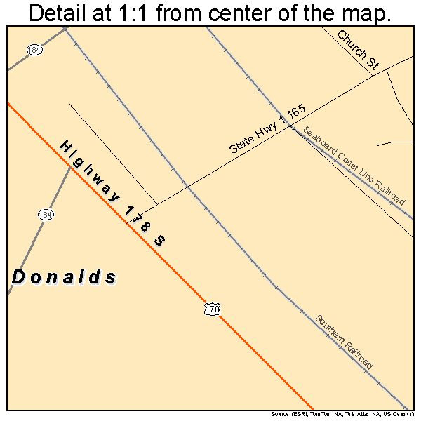 Donalds, South Carolina road map detail