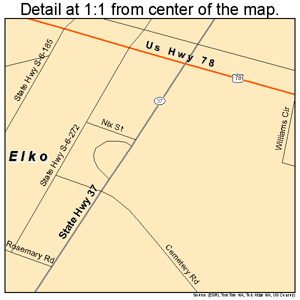 Elko, South Carolina road map detail