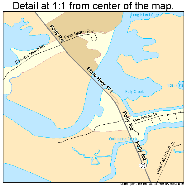 Folly Beach, South Carolina road map detail