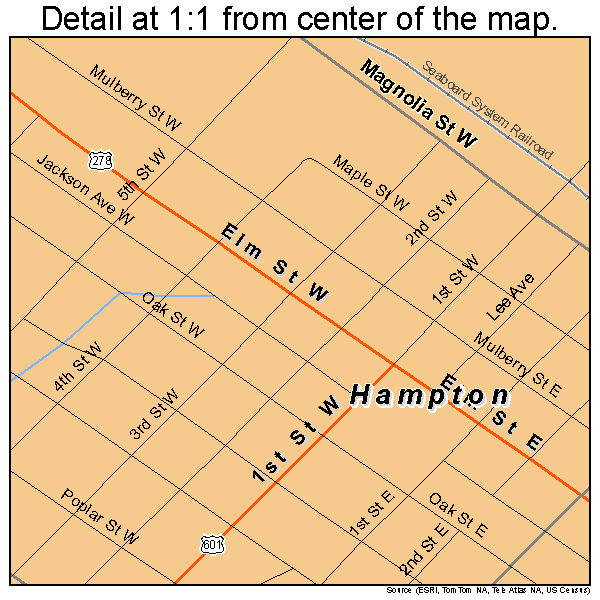 Hampton, South Carolina road map detail