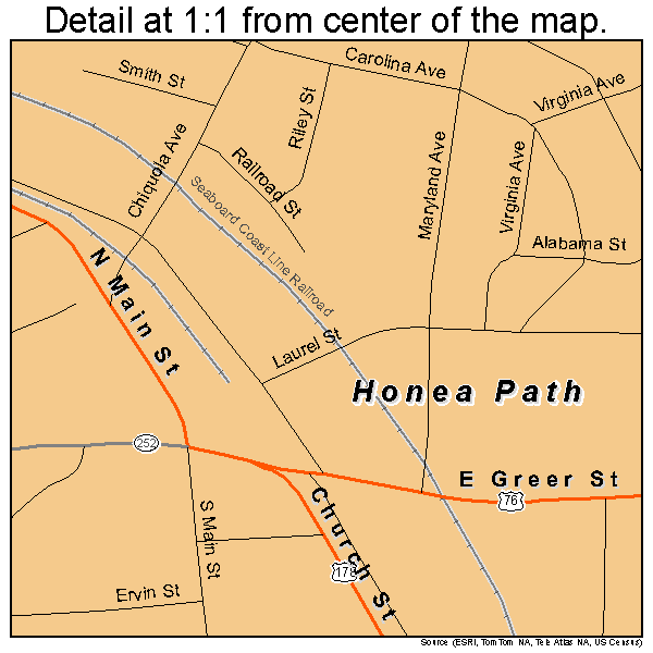 Honea Path, South Carolina road map detail