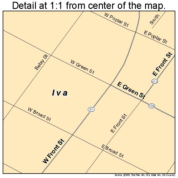 Iva, South Carolina road map detail