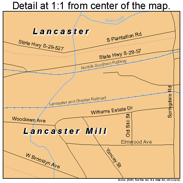 Lancaster Mill, South Carolina road map detail