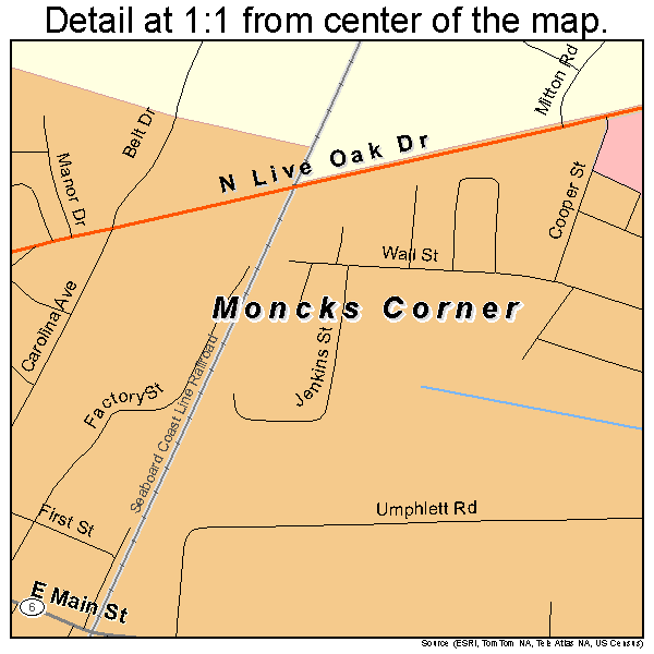 Moncks Corner, South Carolina road map detail