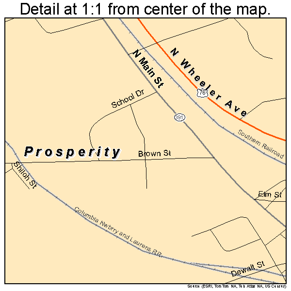 Prosperity, South Carolina road map detail