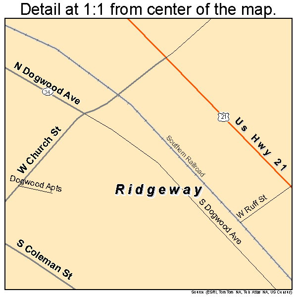 Ridgeway, South Carolina road map detail