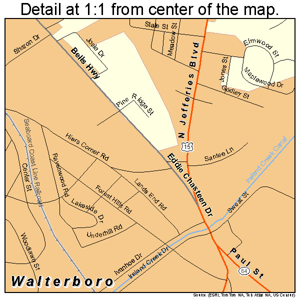 Walterboro, South Carolina road map detail