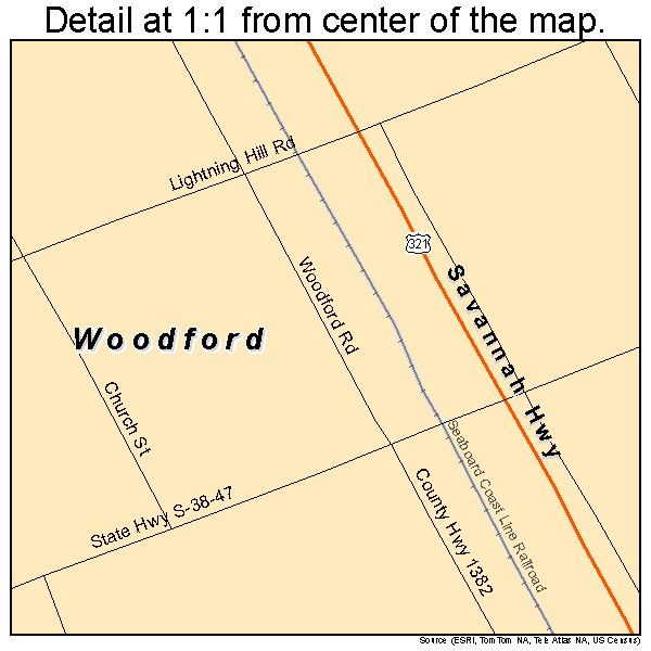 Woodford, South Carolina road map detail